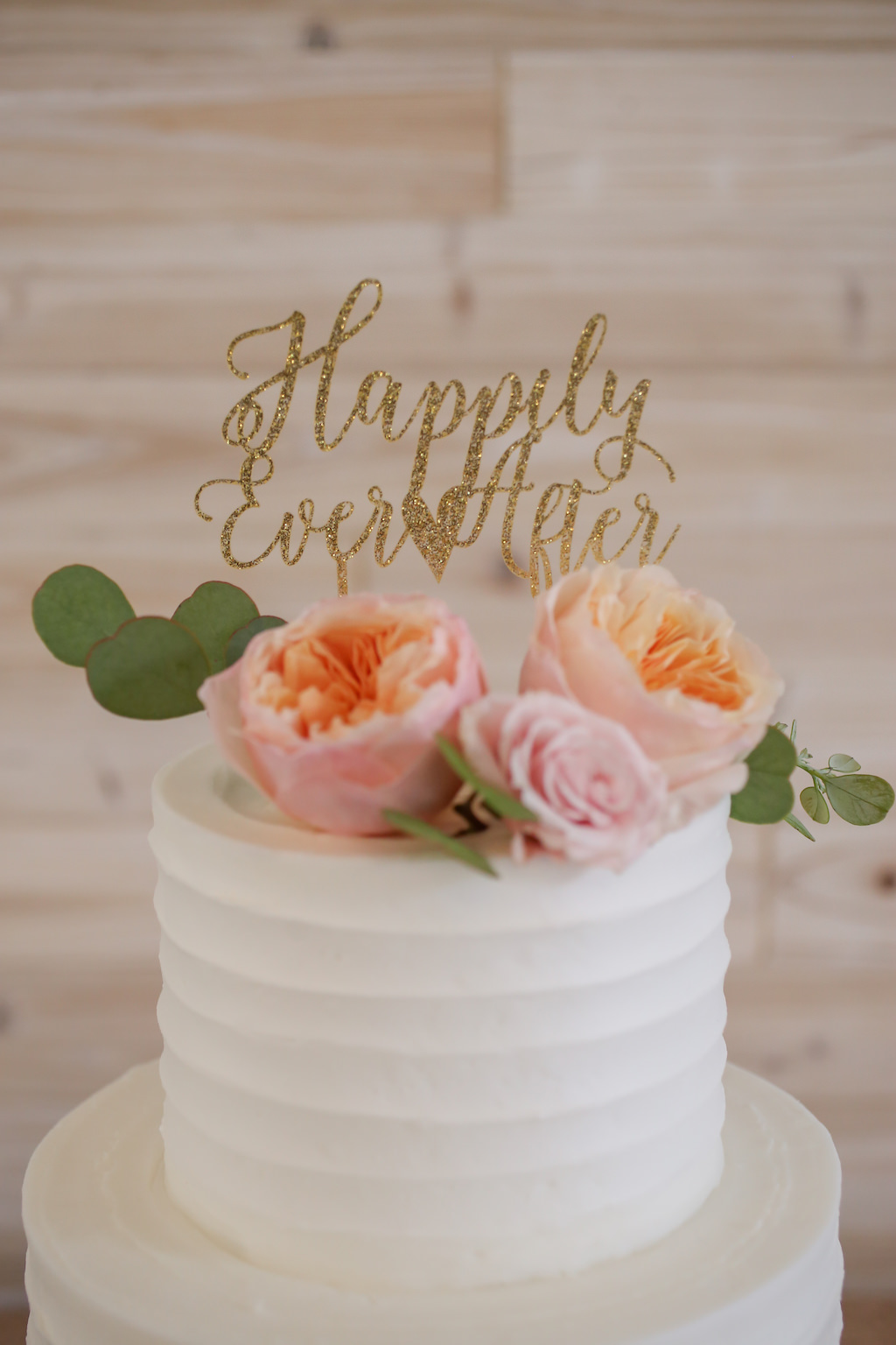 Three Tier White Ruffle Wedding Cake with Real Blush Pink Roses and Greenery and Custom Gold Laser Cut Cake Topper | Tampa Bay Wedding Photographer Lifelong Photography Studios