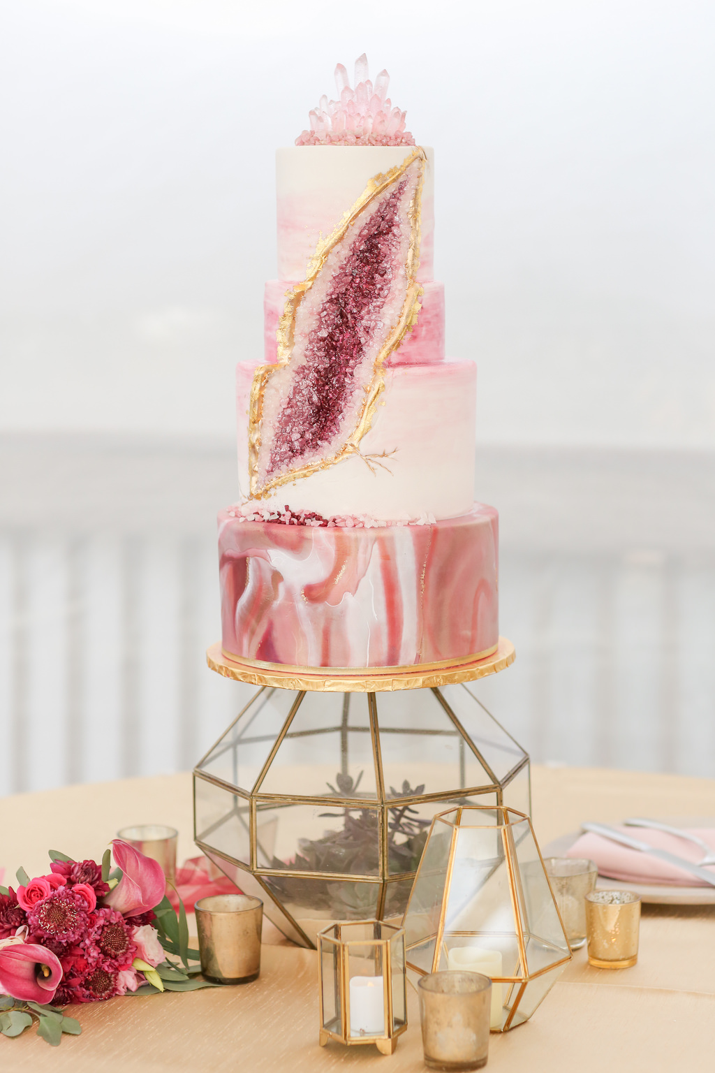 Four Tier Pink Marble, Gold and Purple Geode Crystal Wedding Cake with Rose Quartz Crystal Cake Topper on Geometric Vase Cake Stand | Tampa Bay Wedding Photographer Lifelong Photography Studios | Wedding Cake and Bakery The Artistic Whisk