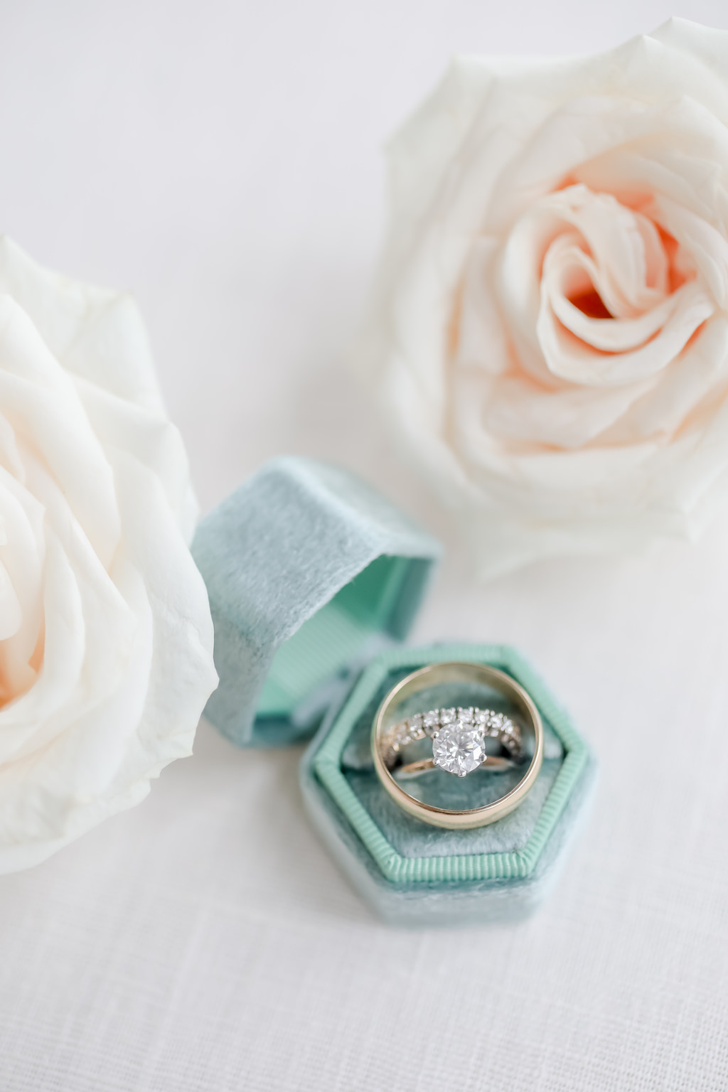 Round Diamond Engagement Ring, Groom Gold Wedding Ring, Bride Diamond Wedding Ring in Green Velvet Ring Box | Tampa Bay Wedding Photographer Lifelong Photography Studio
