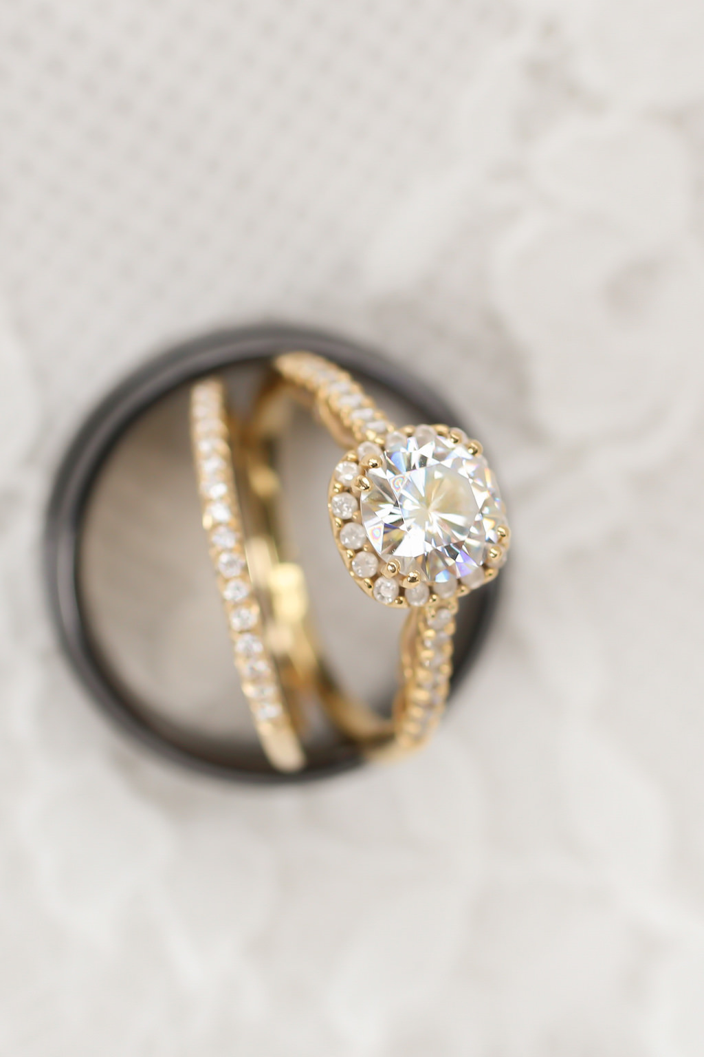 Round Diamond and Halo Yellow Gold Engagement Ring and Diamond and Yellow Gold Wedding Ring | Tampa Bay Wedding Photographer Lifelong Photography Studios