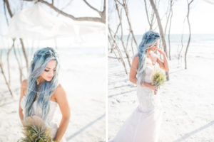 Organic, Florida Beach Waterfront Mermaid Inspired Wedding Styled Shoot, Whimsical Bride with Blue Hair and Braid, Strapless Sweetheart Fitted Wedding Dress | Tampa Bay Wedding Planner UNIQUE Weddings and Events