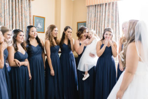 Florida Bride and Bridesmaids First Look Wedding Portrait, Bridesmaids in Matching Navy Blue Spaghetti Strap Long Dresses