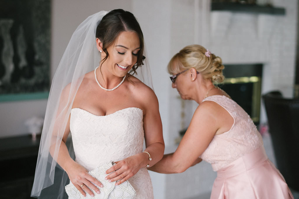 Florida Bride Getting Ready Portrait in Strapless Sweetheart Lace Wedding Dress | Tampa Bay Wedding Hair and Makeup Destiny and Light Hair and Makeup Group