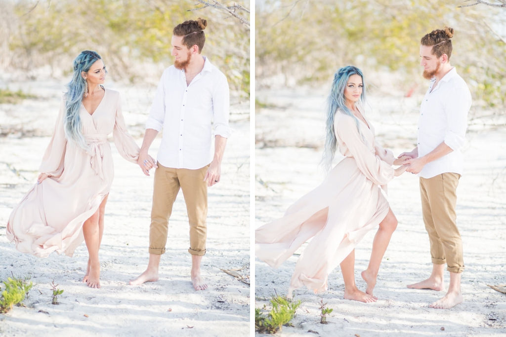Florida Beach Wedding Styled Shoot, Bride and Groom Portrait, Bride in Nude Flowy Long Sleeve Dress, Groom in White Button Down Shirt and Khaki Capri Pants