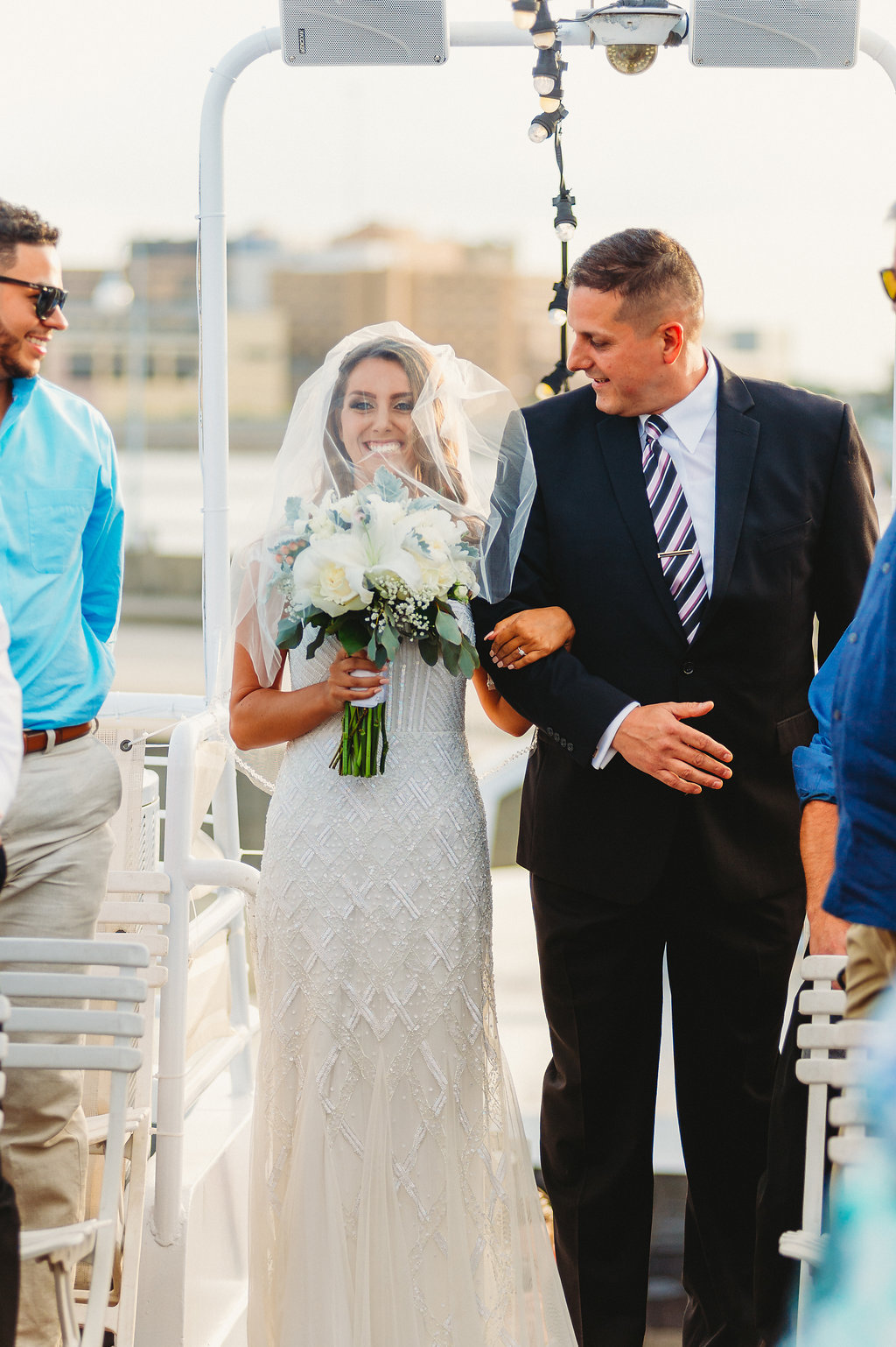 Florida Bride Walking Down the Aisle Wedding Ceremony Portrait | Tampa Waterfront Wedding Venue Yacht Starship IV