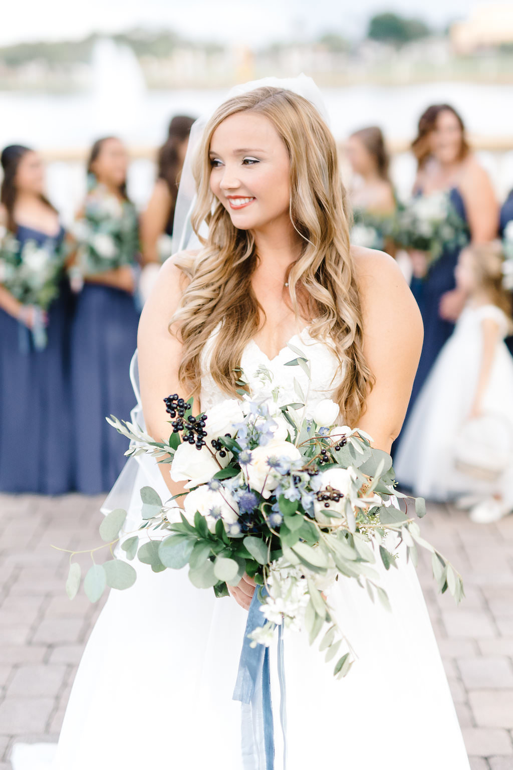 Tampa Bay Bride Wedding Portrait with Wild Organic White, Blue, and Silver Dollar Eucalyptus Greenery Floral Bouquet | Wedding Planner Love Lee Lane