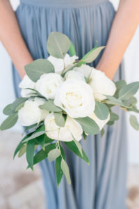 Bridesmaid in Dusty Blue, Slate Blue Long Dress with White Ivory Roses and Greenery Leaves