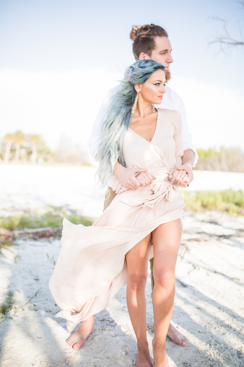 Florida Beach Models Naked - Florida Beach Wedding Styled Shoot, Bride and Groom Portrait, Bride in Nude  Flowy Long Sleeve Dress, Groom in White Button Down Shirt and Khaki Capri  Pants - Marry Me Tampa Bay |