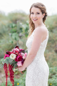 Florida Bride Wedding Portrait in Fitted Lace Halter Strap BHLDN Wedding Dress with Jewel Tone, Purple, Plum, Pink, White, and Greenery Organic Bridal Bouquet | Tampa Bay Wedding Photographer Lifelong Photography Studios | Hair and Makeup Artist Femme Akoi