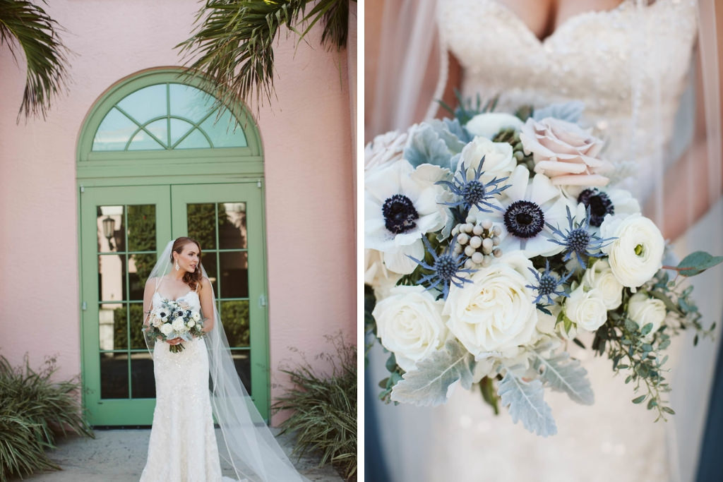 Anemone, rose, greenery and blue thistle bridal wedding bouquet