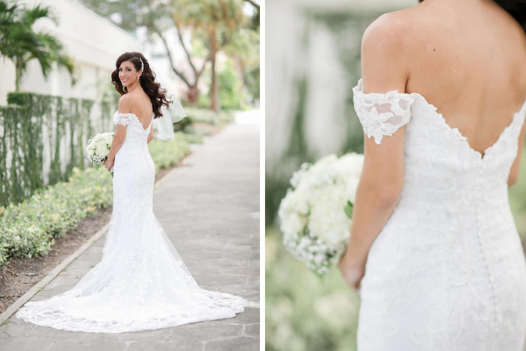 St. Petersburg Bride Wedding Portrait in Lace, Fitted Sweetheart Neckline Off the Shoulder Wedding Dress and Veil with White and Ivory Round Classic Floral Bouquet | Tampa Bay Wedding Photographer Lifelong Photography Studio | Hair and Makeup Artist Destiny and Light