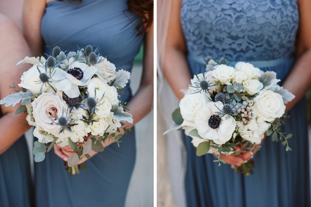 Anemone, rose, greenery and blue thistle bridesmaid wedding bouquet