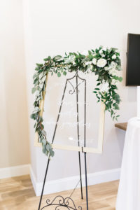 Classic, Elegant Wedding Ceremony Welcome Sign, Glass Window Pane in Gold Frame with Greenery Garland and White Roses