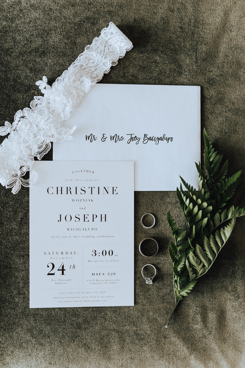 Modern White and Black Simple Wedding Invitation, Lace White Garter, Bride and Groom Wedding Rings and Engagement Ring