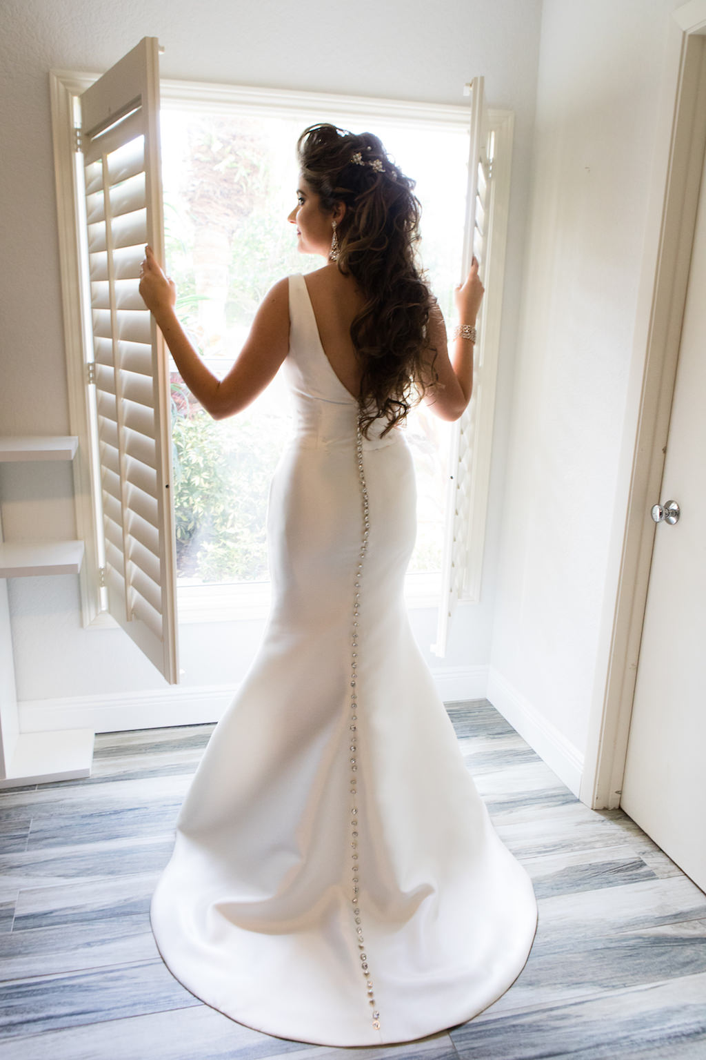 Florida Bride Wedding Portrait in Fitted Silk Tank Top Strap Wedding Dress with Button Detail Down Back | Hair and Makeup Destiny and Light Hair and Makeup Group