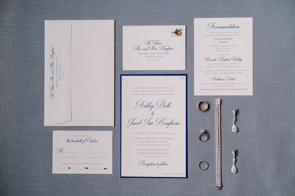 Modern Classic White and Blue Invitation Suite with Wedding Jewelry