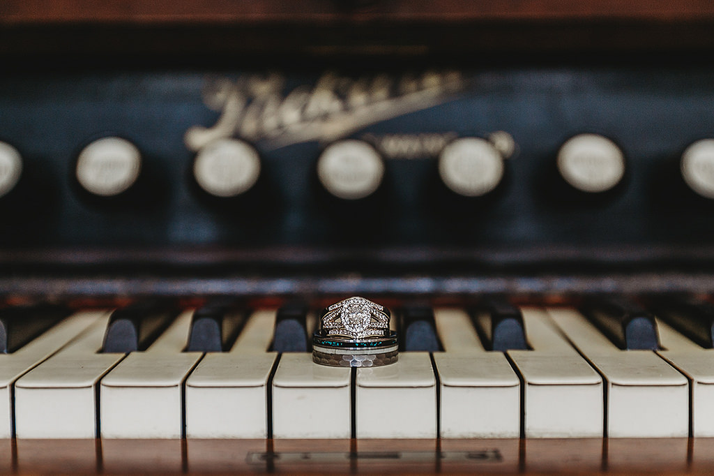 Oval Halo Diamond Engagement Ring, Groom Wedding Ring on Piano Portrait