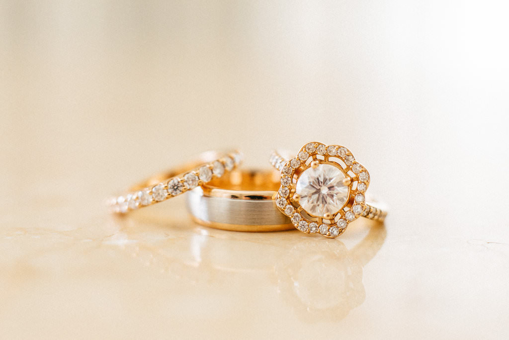Round Diamond Flower Halo Rose Gold Engagement Ring, Bride and Groom Wedding Rings