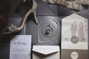 Modern Wedding invitation and Save the Date, Diamond Necklace, Diamond Bracelet, Engagement Ring, Ivory and Rhinestone Brooch Garter, Silver Rhinestone Strap Low Heel Wedding Shoe