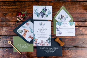 Dog Inspired Watercolor Sage Green, White and Navy Blue Wedding Invitation Suite | Tampa Bay Wedding Photographer Caroline and Evan Photography