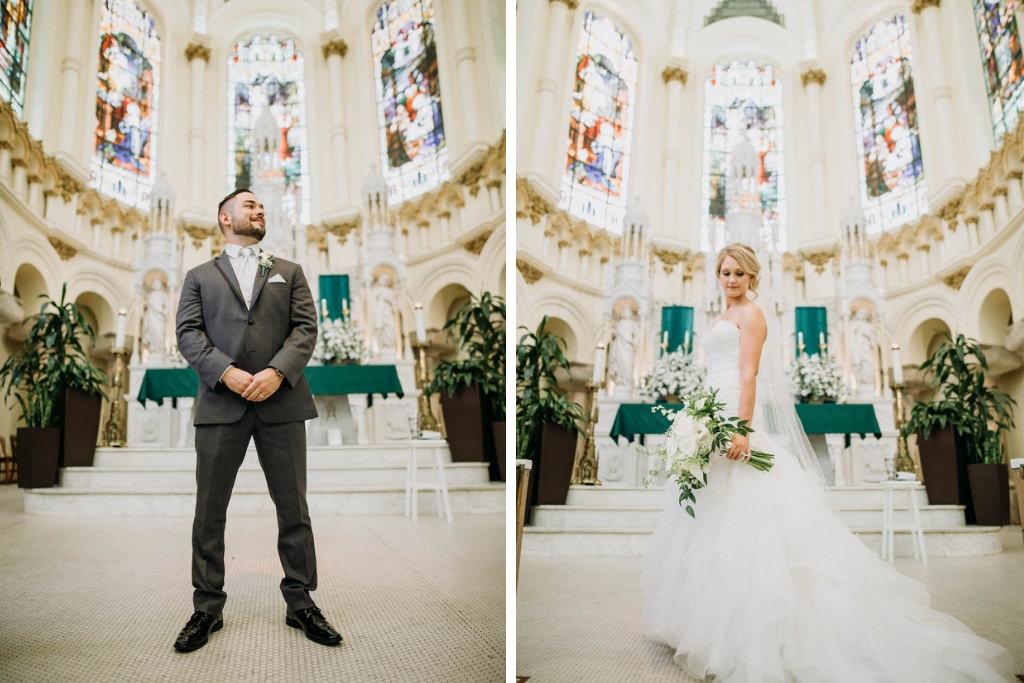 Traditional Bride and Groom Wedding Portrait, Groom in Grey Tuxedo, Bride in Lace Strapless, Sweetheart Fitted Bodice and Tulle Flowy Ballgown Maggie Sottero Wedding Dress with White Floral Bouquet | Tampa Bay Wedding Venue Sacred Heart Catholic Church