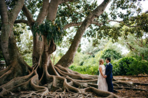 Florida Outdoor Bride and Groom Wedding Portrait Under Banyan Tree | Sarasota Wedding Venue Marie Selby Botanical Gardens