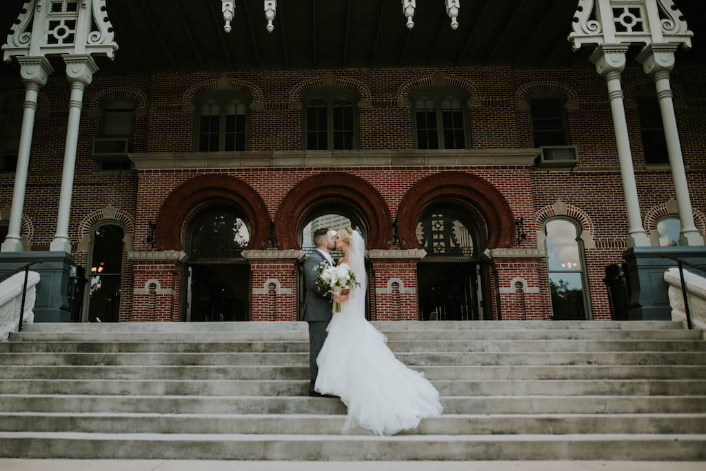 Florida Outdoor Bride and Groom Wedding Portrait on Steps of University of Tampa