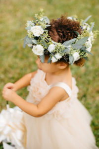 Flower Girl in Blush Pink Dress and Ivory Rose and Greenery Flower Crown | Tampa Bay Wedding Planner NK Weddings