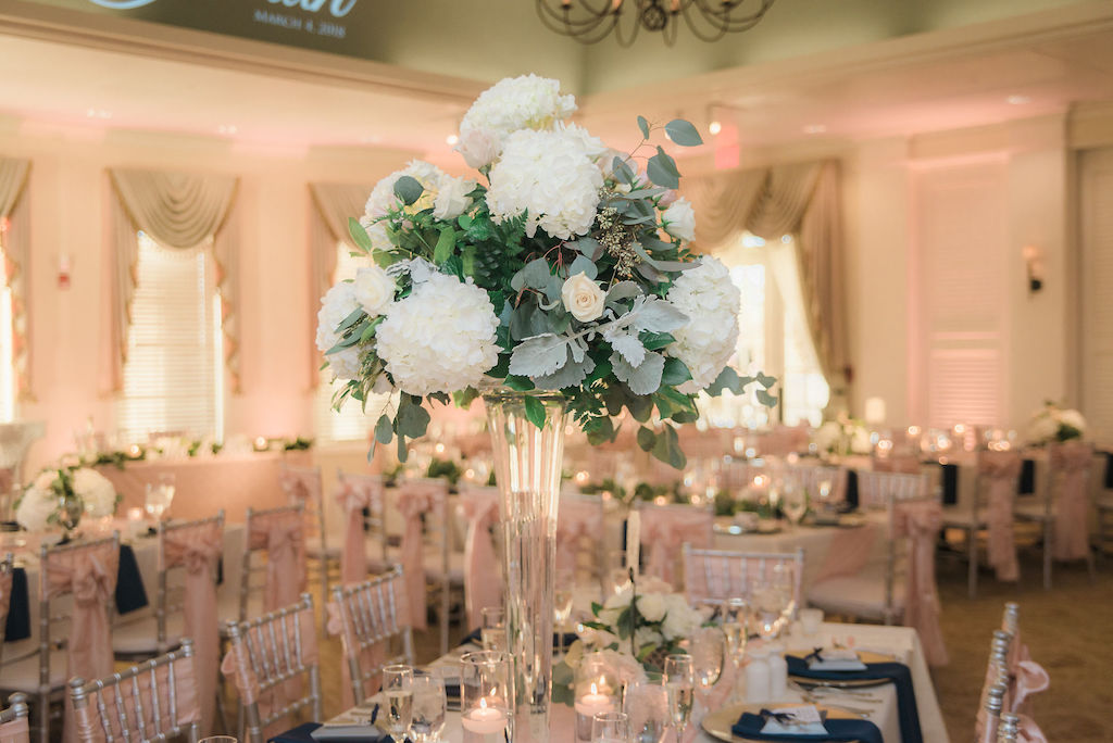 Elegant Wedding Reception Decor, Tall Glass Cylinder Vase with White Hydrangeas, Dusty Miller, Ivory Roses and Greenery Leaves Flower Centerpiece