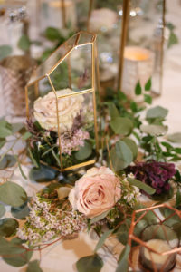 Romantic Garden Inspired Wedding Reception Decor, Gold Geometric Vases with Ivory, Greenery and Purple Flowers | Tampa Bay Wedding Photographer Lifelong Photography Studios | Wedding Planner Special Moments Event Planning