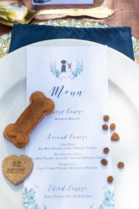 Wedding Reception Decor, Pale Blue Plate, Custom Dog Inspired Menu | Wedding Photographer Caroline and Evan Photography | Designer and Planner Southern Weddings and Events