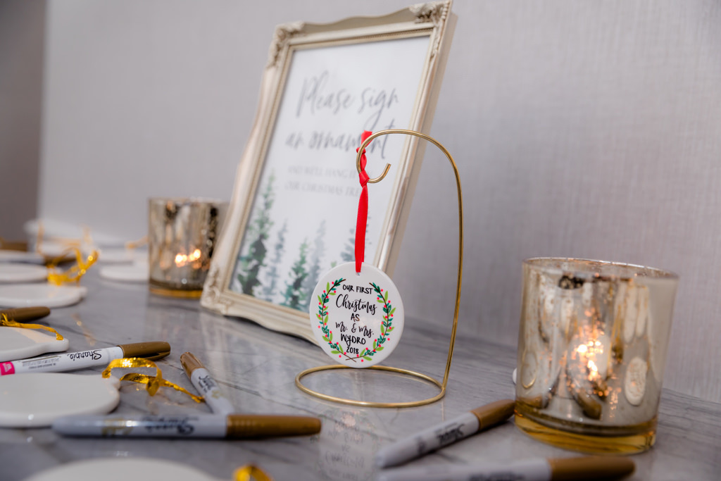 Wedding Reception Decor, Personalized Christmas Ornament Hanging on Gold Stand | Wedding Planner Special Moments Event Planning