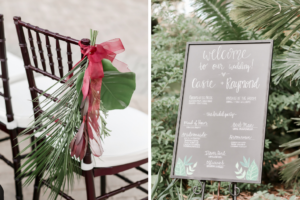 Tropical Inspired Wedding Ceremony Decor, Wooden Chiavari Chair with White Cushions, Palm Tree Leaves with Red Ribbon, Chalkboard Welcome Sign | Tampa Bay Wedding Photographer Lifelong Photography Studio