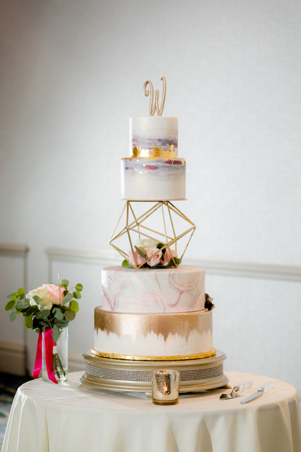 Five Tier White, Gold Painted, Pink Marble Wedding Cake with Gold Geometric Vase and Real Flowers Tier, Custom Cake Topper | Tampa Bay Wedding Cake Baker The Artistic Whisk