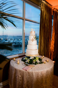 Classic Five Tier White and Gold Wedding Cake, Blush Pink Linen, Gold Mercury Candle Votives | Tampa Bay Wedding Baker The Artistic Whisk | St. Petersburg Wedding Venue Isla Del Sol Yacht and Country Club