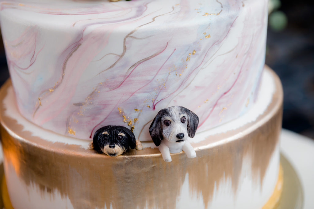 White, Gold Painted, and Pink Marble Wedding Cake with Two Dog Figurines | Tampa Bay Wedding Cake Baker The Artistic Whisk