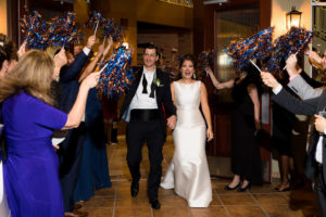 Florida Bride and Groom Wedding Reception Exit, Guests with Orange and Blue Florida Gator Pom Pops