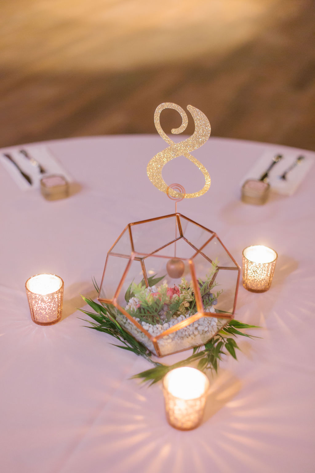 Gold Geometric succulent terrarium wedding centerpieces with glitter table number