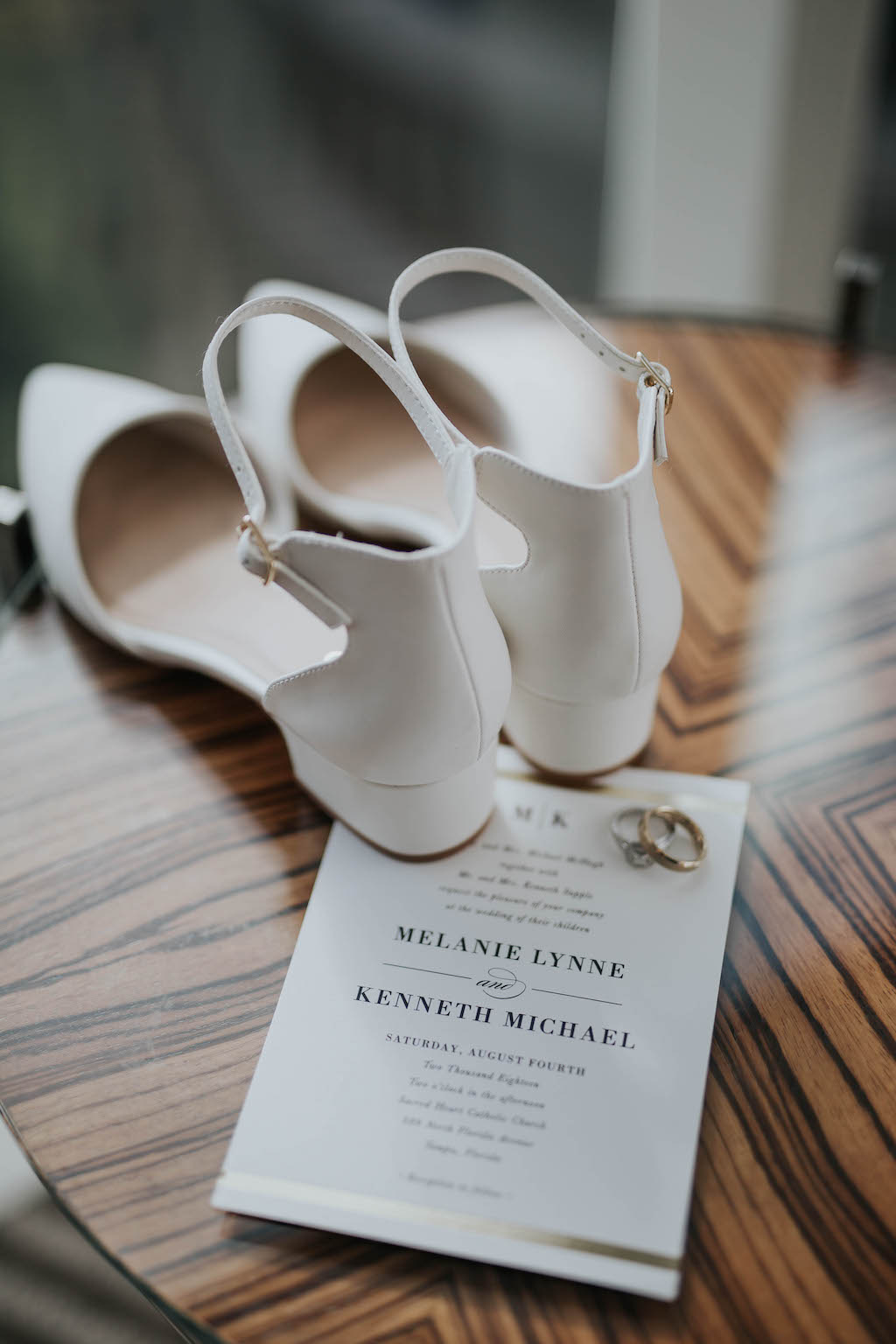 Traditional Classic Black and White Wedding Invitation, Wedding Rings and White Pointed Toe Strappy Wedding Shoes