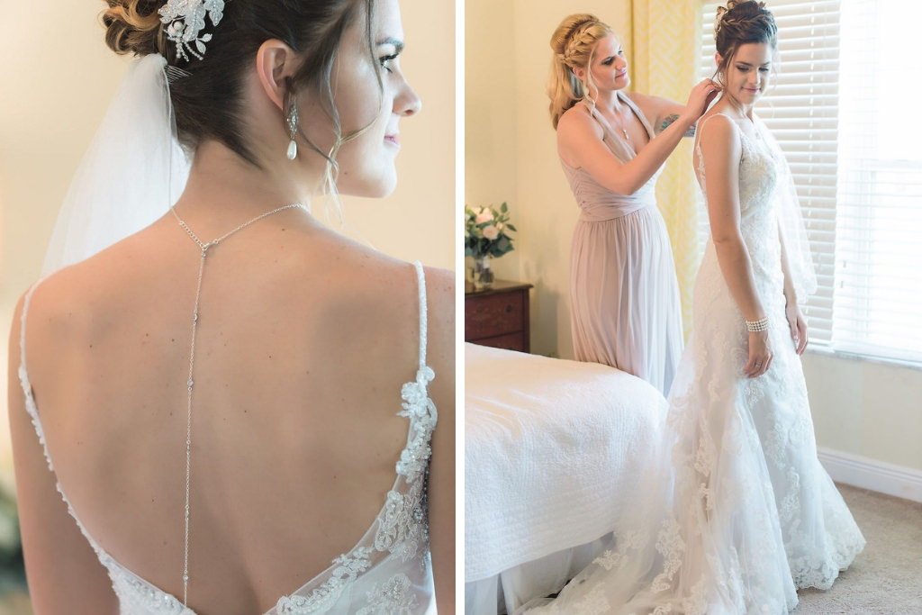 Florida Bride Getting Ready Wedding Portrait, Open Back Rhinestone Spaghetti Strap, Lace and Illusion Wedding Dress with Long Hanging Necklace | Tampa Bay Wedding Dress Shop Truly Forever Bridal