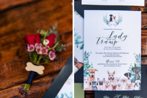 Dog Inspired Boutonnierre, Red Roses and Pink Waxy Flowers with Wooden Bone Brooch and Navy Blue Ribbon, Watercolor Sage Green, White and Navy Blue Wedding Invitation Suite | Tampa Bay Wedding Photographer Caroline and Evan Photography | Designer and Planner Southern Glam Weddings & Events | Florist Monarch Events And Design