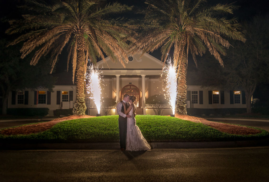 Tampa Bay Bride and Groom Nighttime Outdoor Wedding Portrait with Sparkler Fountain by Spark Weddings