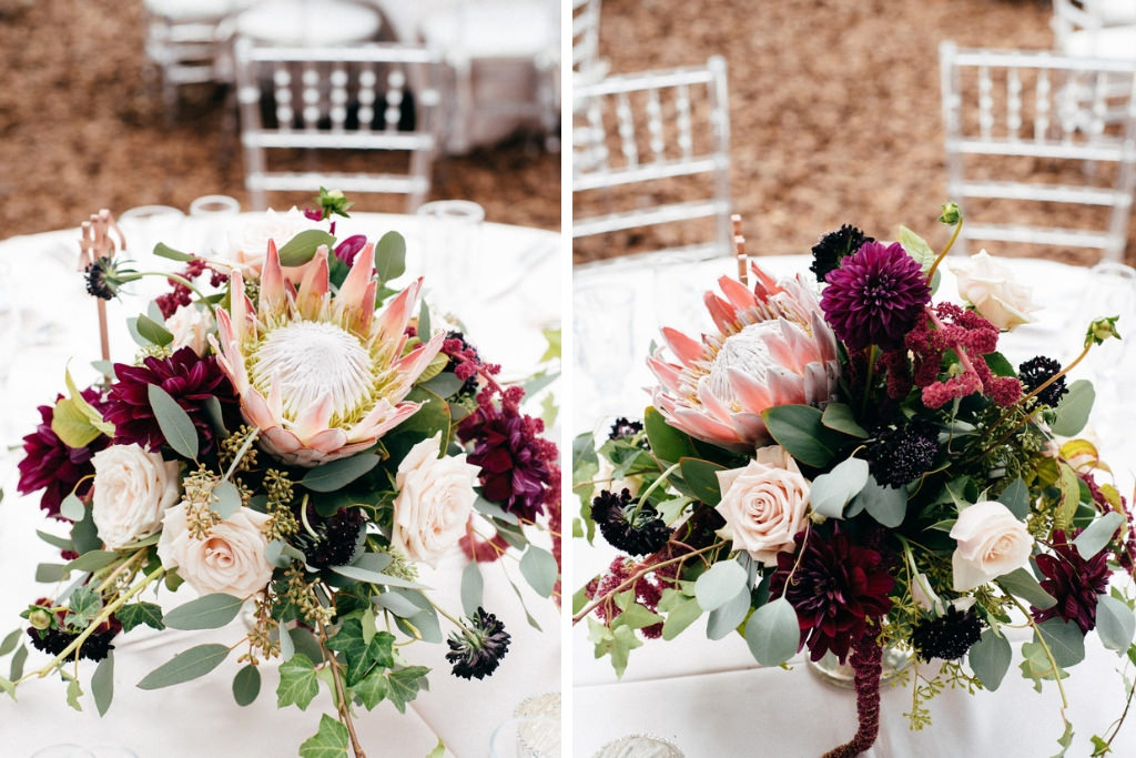 Boho Chic Garden Inspired Wedding Reception Decor, Ivory Rose, King Protea, Red and Greenery Flower Low Centerpiece | Tampa Bay Wedding Planner NK Productions