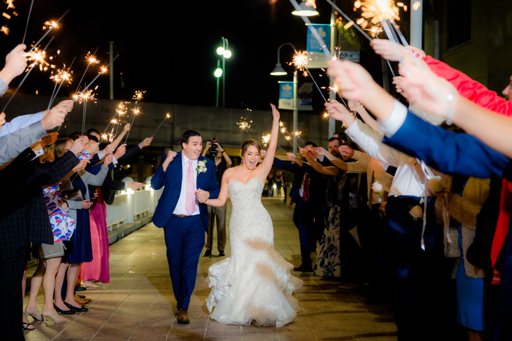 Florida Bride and Groom Wedding Sparkler Exit | Downtown Venue Tampa Marriott Water Street | Wedding Planner Special Moments Event Planning