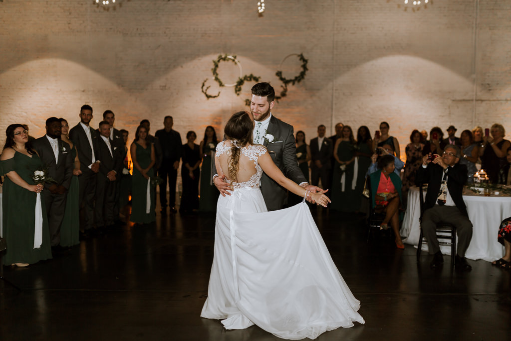 Florida Bride and Groom Wedding Reception First Dance Portrait | Lakeland Industrial Wedding Venue HAUS 820