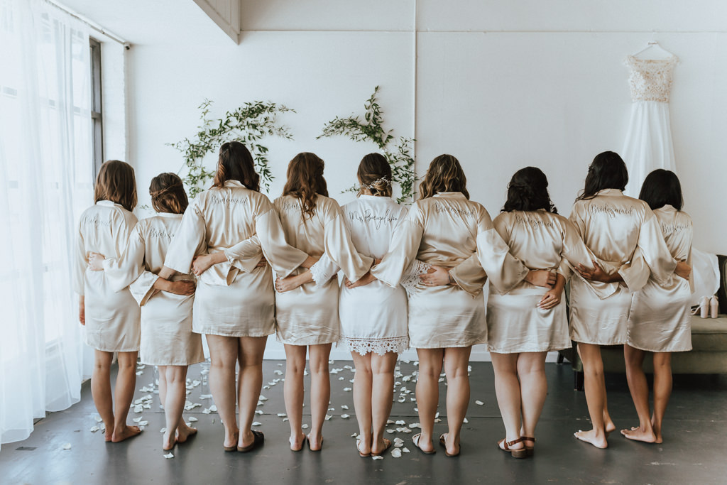 Florida Bride and Bridesmaids Getting Ready Wedding Portrait, Bridesmaids in Champagne Silk Robes
