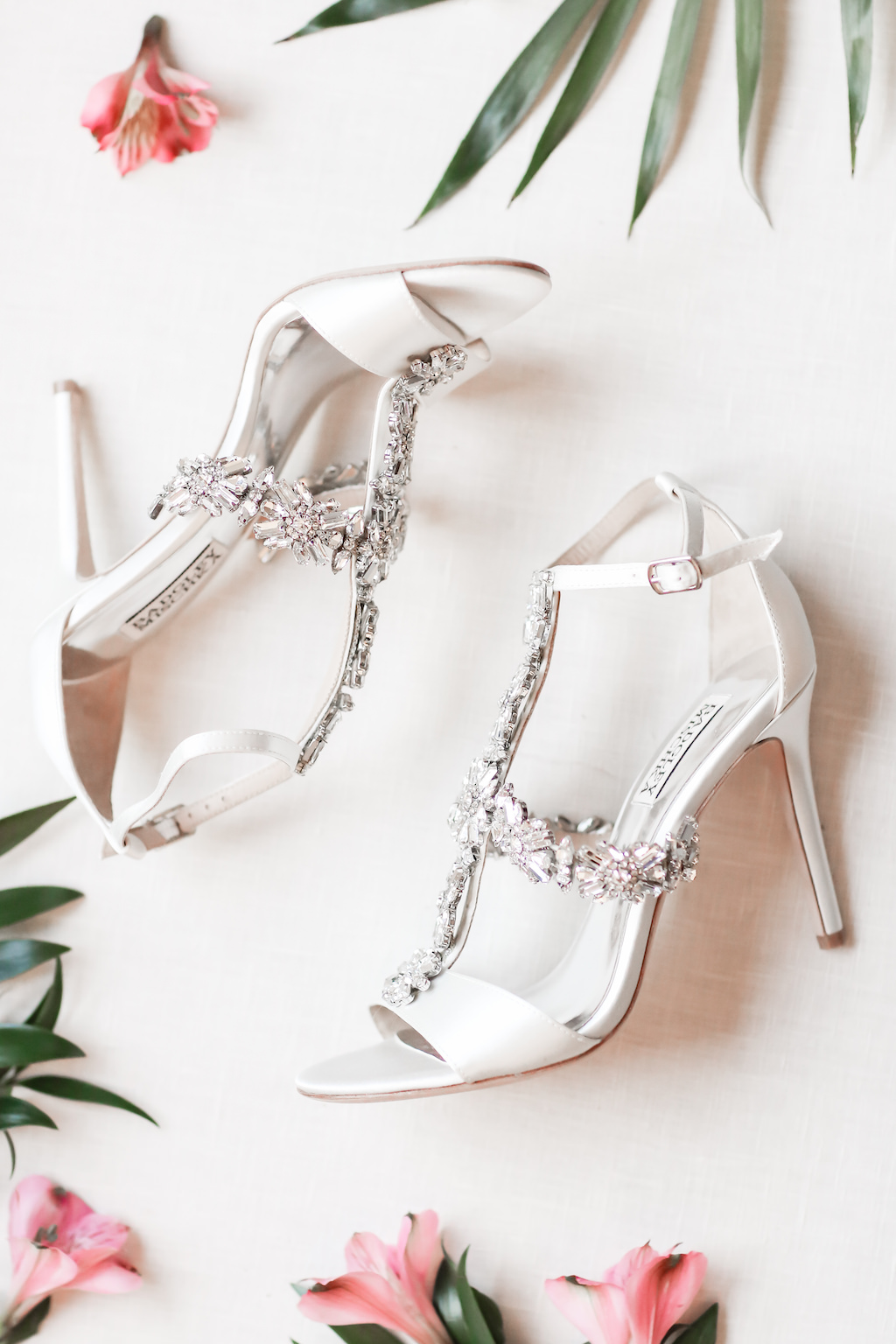 White Satin and Rhinestone Sandal Heel Badgley Mischka Wedding Shoe | Tampa Bay Wedding Photographer Lifelong Photography Studio