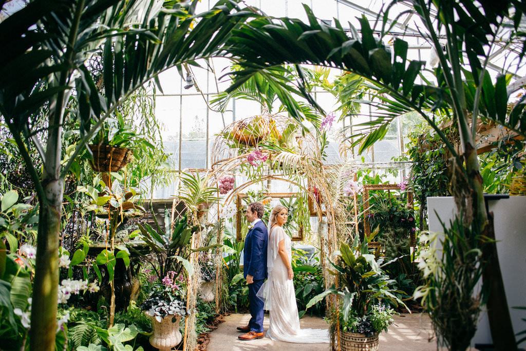 Florida Bride and Groom First Look Wedding Portrait in Garden | Sarasota Wedding Venue Marie Selby Botanical Gardens