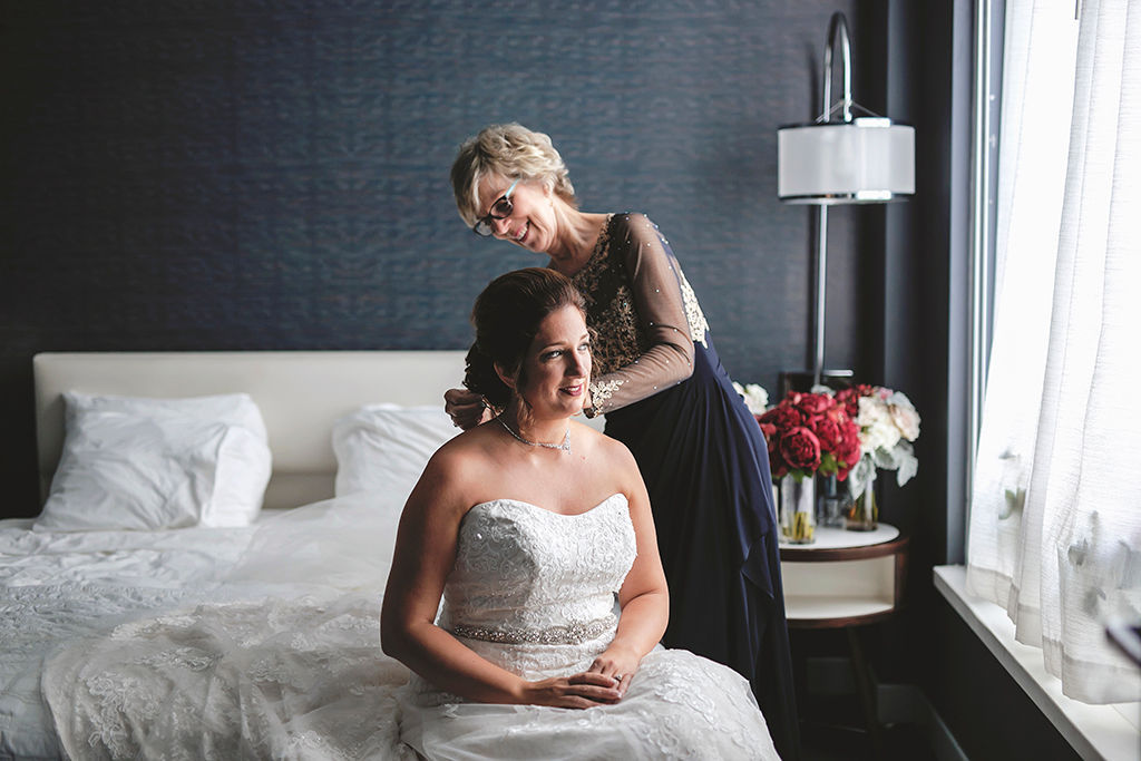 Florida Bride Getting Ready Wedding Portrait in Strapless Sweetheart Neck Line Lace and Rhinestone Belt Wedding Dress | Tampa Bay Hair and Makeup LDM Beauty Group