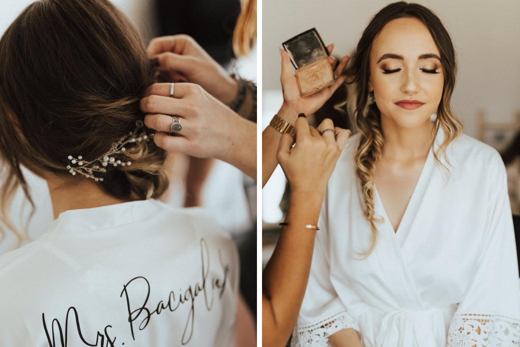 Tampa Bay Bride Makeup Getting Ready Wedding Portrait in Personalized White Silk Robe